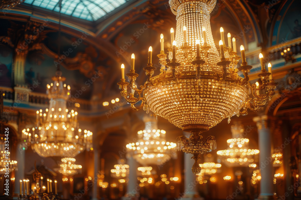Obraz premium Detailed view of a Regency-era ball with chandeliers and ornate decor,