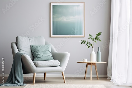Modern Living Room with Blue Chair, Floor Lamp, and Poster on White Wall, Scandinavian Home Decor in Light Gray with Blue Curtains