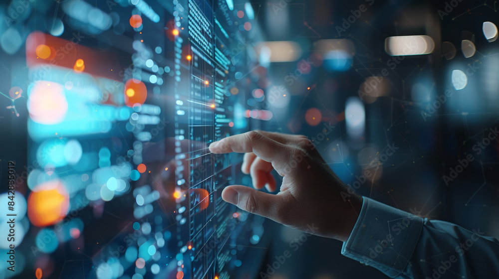 Obraz premium A hand reaches out to touch a high-tech digital interface with glowing data points and a futuristic design, highlighting advanced technology. 