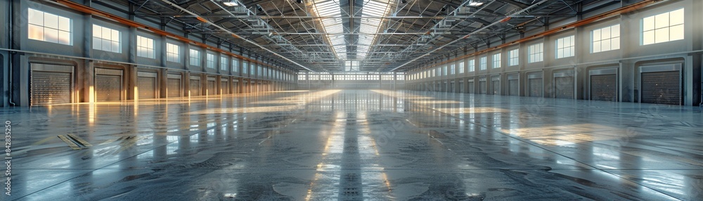 Vast empty warehouse with polished floors and skylights, creating a bright and spacious atmosphere, Digital Art, High Detail, Industrial 8K , high-resolution, ultra HD,up32K HD Vast empty warehouse with polished floors and skylights, creating a bright and spacious atmosphere, Digital Art, High Detail, Industrial 8K , high-resolution, ultra HD,up32K HD