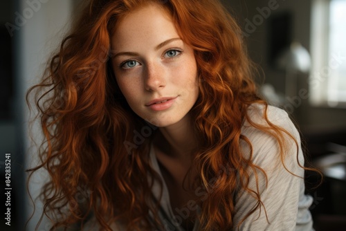 Successful and confident elegant closeup redheaded redhead holder holds her hand u, generative IA © Gabriel