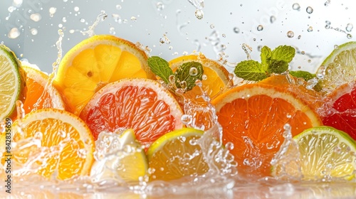 Vivid citrus slices with a refreshing water splash  conveying a sense of freshness and zest