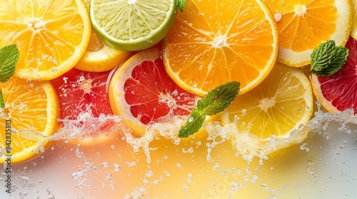 A vibrant composition showcasing slices of lemon  lime  orange  and grapefruit with water droplets  symbolizing freshness and health