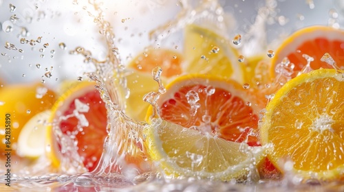 An intimate shot of citrus fruits like orange  lime  and grapefruit creating a lively splash in water  embodying energy and freshness