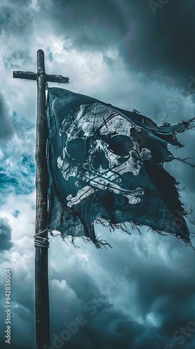 Pirate flag with skull and bones waving in the wind, cloudy sky background, jolly roger symbol, dark mysterious hacker and robber concept photo