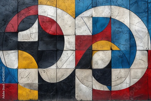 Geometric abstraction with circles and squares, made in red, blue, yellow and white, against a textured surface.