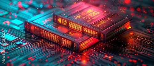 Pair of books on a colorful, neonilluminated circuit board, symbolizing the intersection of technology and learning, Digital Illustration, Vibrant, Futuristic 8K , high-resolution, ultra HD,up32K HD photo