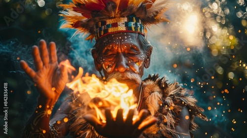 Captivating image of an indigenous elder with fire, symbolizing wisdom and tradition