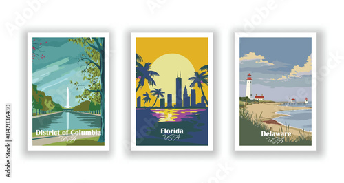 Delaware, District of Columbia, Florida - Vintage travel poster. Vector illustration. Poster Travel for Hikers Campers Living Room Decor