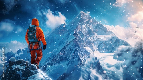 Climber scaling a snowy mountain, with gear and vibrant orange jacket, against a majestic alpine backdrop, Digital Art, High Detail, Adventure 8K , high-resolution, ultra HD,up32K HD