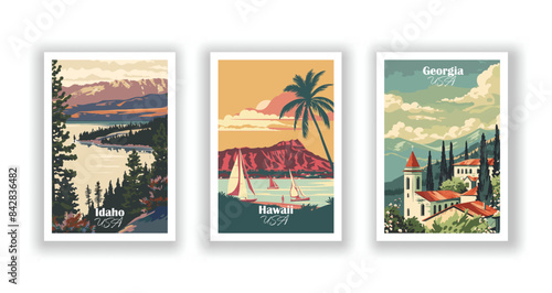 Georgia, Hawaii, Idaho - Vintage travel poster. Vector illustration. Poster Travel for Hikers Campers Living Room Decor