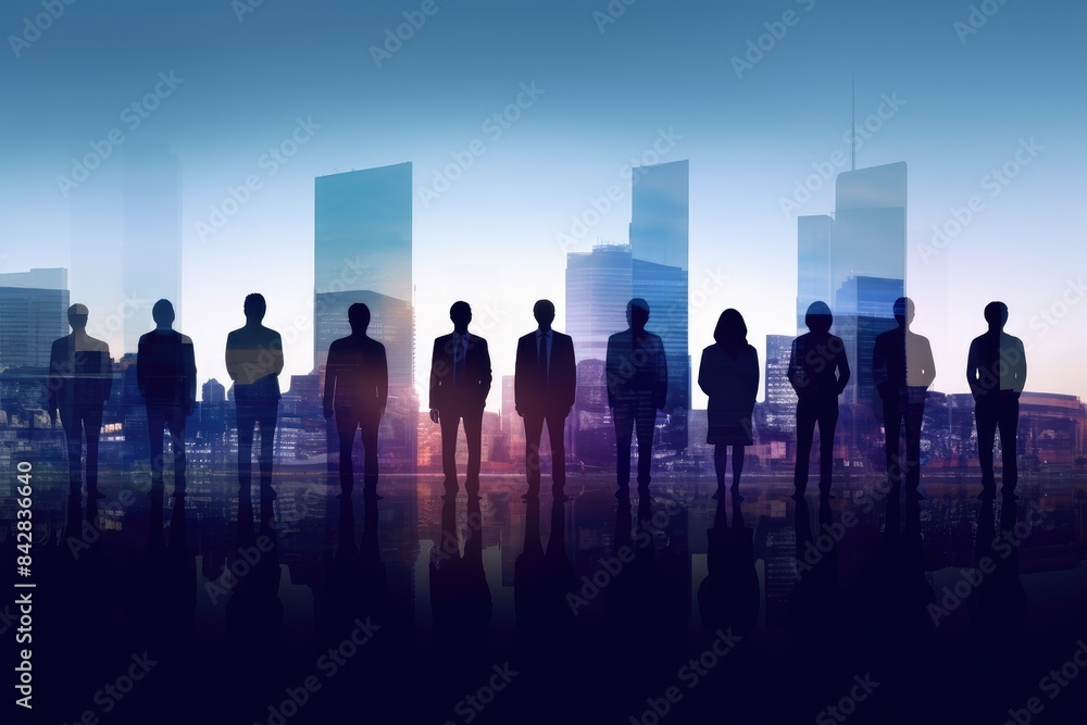 Silhouettes of Business People Gazing at City Skyline at Sunset Background with Double Exposure Effect Silhouettes of Business People Gazing at City Skyline at Sunset Background with Double Exposure Effect