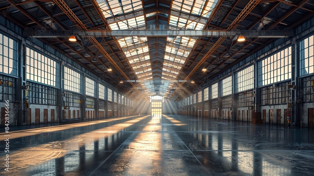 Spacious warehouse with high ceilings and natural light streaming through skylights, emphasizing open space, Digital Illustration, Bright, Modern 8K , high-resolution, ultra HD,up32K HD Spacious warehouse with high ceilings and natural light streaming through skylights, emphasizing open space, Digital Illustration, Bright, Modern 8K , high-resolution, ultra HD,up32K HD