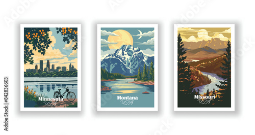 Minnesota, Missouri, Montana - Vintage travel poster. Vector illustration. Poster Travel for Hikers Campers Living Room Decor