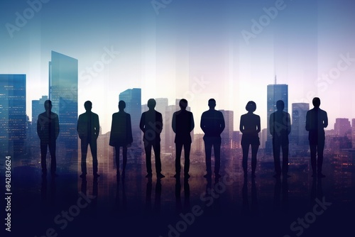Silhouettes of Business People Gazing at City Skyline at Sunset Background with Double Exposure Effect