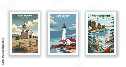 New Hampshire, New Jersey, New Mexico - Vintage travel poster. Vector illustration. Poster Travel for Hikers Campers Living Room Decor