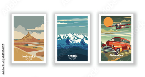 Nevada, Nebraska, Nebraska - Vintage travel poster. Vector illustration. Poster Travel for Hikers Campers Living Room Decor