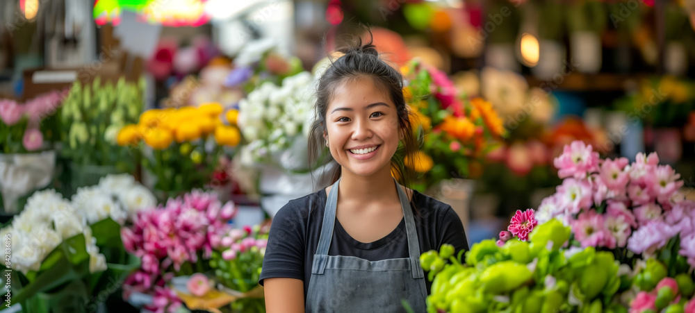 Smiling young florist in flower shop with vibrant blooms Smiling young florist in flower shop with vibrant blooms