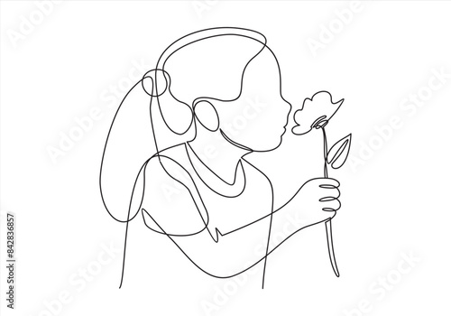 Child smelling flower in continuous line art drawing style. 