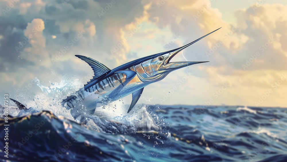 Obraz premium Marine Majesty: Detailed Illustration of a Silver Striped Marlin