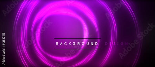Neon glowing circle rays, light round lines in the dark, planet style neon wave lines. Energetic electric concept design for wallpaper, banner, background