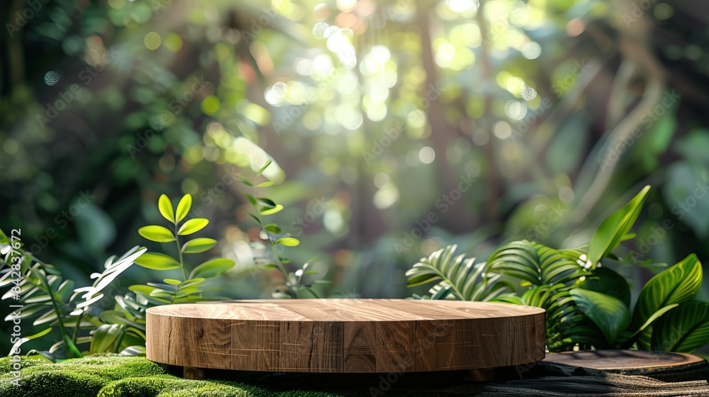 empty wooden tabletop podium in garden open forest, blurred green plants background with space empty wooden tabletop podium in garden open forest, blurred green plants background with space