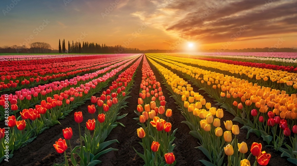 A vast field of colorful tulips in full bloom paints the Dutch countryside in springtime A vast field of colorful tulips in full bloom paints the Dutch countryside in springtime