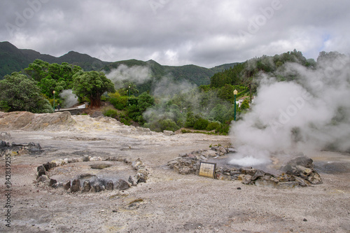 Billede på lærred Fumaroles in Furnas hot geo thermal springs, São Miguel Island, Azores, Portugal
