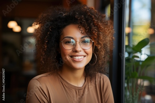 Horizontal photo of an African American Lesbian Lesbian and confident of glasses a, generative IA © Gabriel