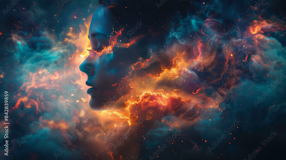 Obraz premium Cosmic Glow: Surreal Portrait Of Woman In Celestial Light, Ai Generated