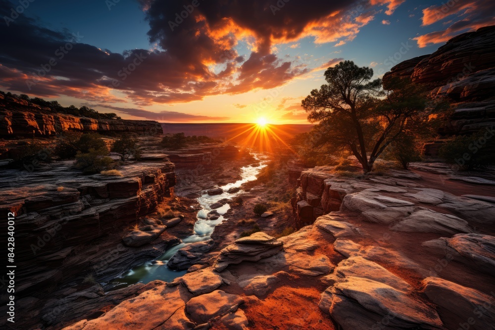 Fototapeta premium Spectacular sunset over a canyon., generative IA