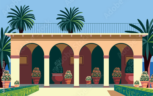 Mediterranean Landscape with traditional romantic loggia in a park with a garden, flowering beds, palms, island and the sea in the background. Handmade drawing vector illustration.