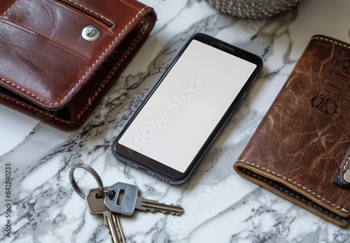 A smartphone with a blank white screen placed on a marble countertop beside a set of keys and a wallet