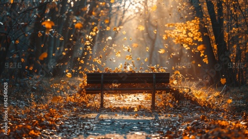 golden leaves fall behind a bench at the end of a road, in the style of nyc explosion coverage, light orange and light bronze, 3840x2160, traditional landscapes, orange, spectacular backdrops, dream-l photo