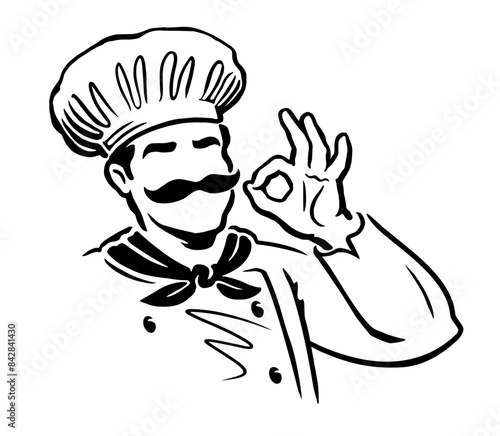 Chef hand gesture approving. Culinary arts, cooking concept vector. Hand drawn male cook black and white drawing