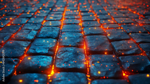 Stone brick floor with flames abstract background photo