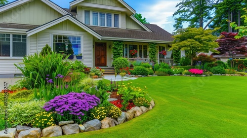 Beautiful green front lawn with a well-maintained garden and colorful flowers, in front of a cozy house.