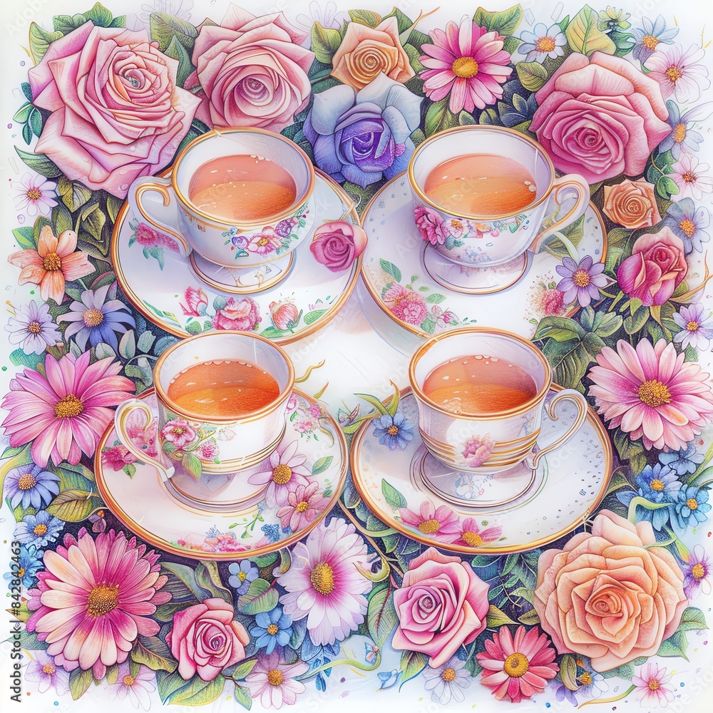 Floral tea set with delicate roses and daisies. Four teacups filled with tea, decorated with vibrant flowers and intricate designs. Floral tea set with delicate roses and daisies. Four teacups filled with tea, decorated with vibrant flowers and intricate designs.