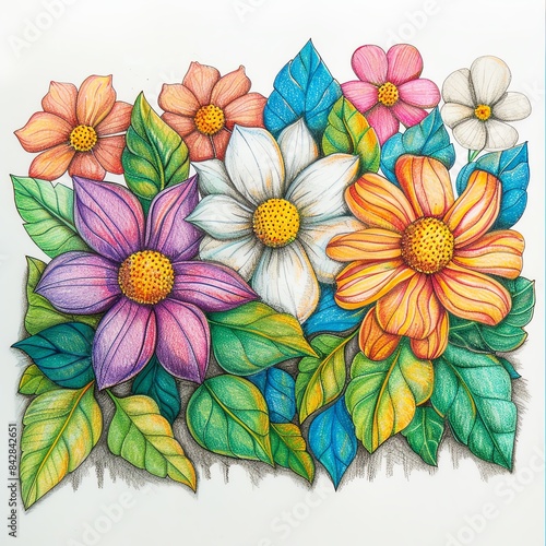 Wallpaper Mural Vibrant hand-drawn flowers with colorful petals and lush green leaves creating a beautiful, lively design. Torontodigital.ca