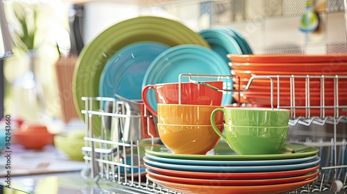 Close-up of a well-organized dish rack with colorful plates and cups in a contemporary kitchen.