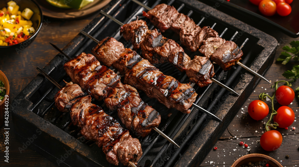Delicious grilled meat skewers cooking on a barbecue grill, surrounded by fresh ingredients and garnishes for a summer feast. Delicious grilled meat skewers cooking on a barbecue grill, surrounded by fresh ingredients and garnishes for a summer feast.