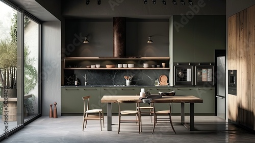 Cozy modern kitchen with olive green cabinets, natural materials, dark gray walls, and a wooden dining table.