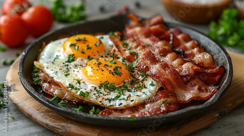 Forest camping breakfast with bacon and eggs in cast iron skillet   delicious food at the camp