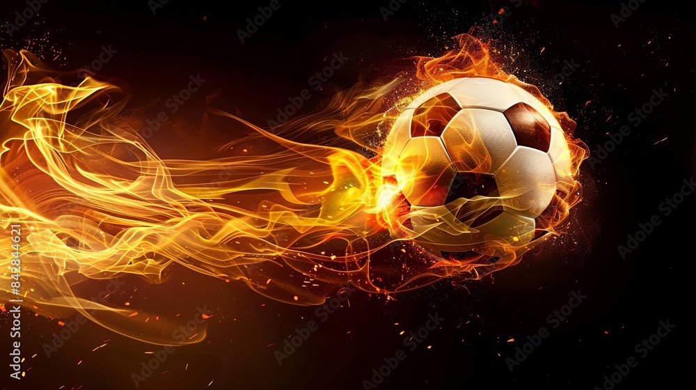 Naklejka premium A fiery soccer ball soaring through the air on a black background,