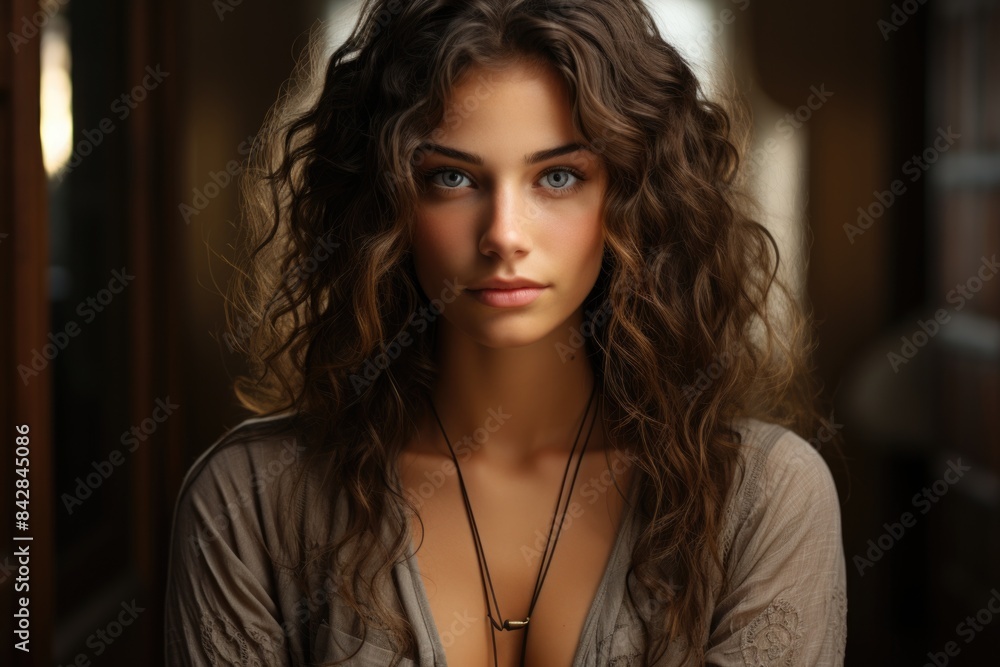 Youth of pleasant appearance, lovely woman with curly brown hair, keeping her hand, generative IA