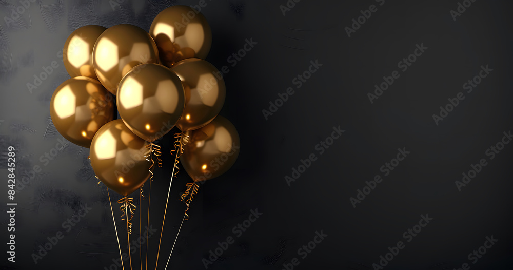 Bunch of golden balloons on dark background with copy space for text, banner design.Festive,Birthday party decoration concept. Bunch of golden balloons on dark background with copy space for text, banner design.Festive,Birthday party decoration concept.