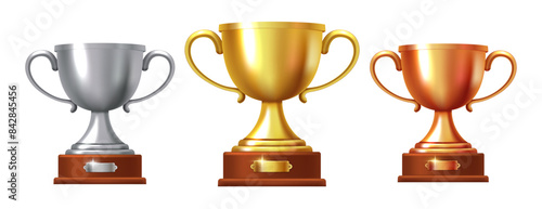 Gold, silver and bronze cups. Vector 3D illustration isolated on white background.