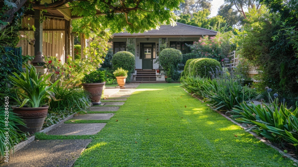 Obraz premium Green front lawn with a stylish pathway, leading to a front door with potted plants.