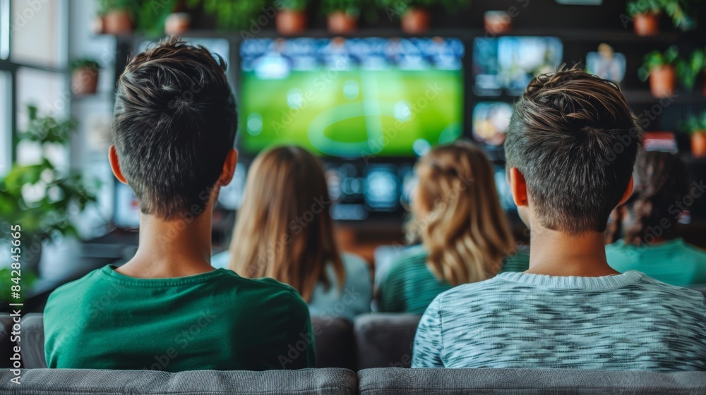Friends in green and white shirts enjoying soccer match on tv in home living room Friends in green and white shirts enjoying soccer match on tv in home living room