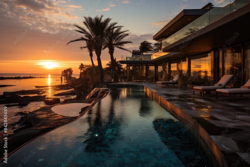 Luxurious resort on water on private island., generative IA Luxurious resort on water on private island., generative IA